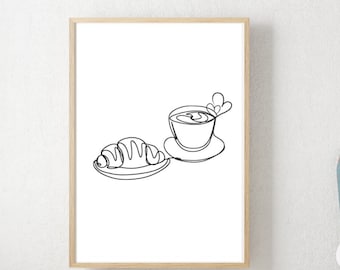 Grafika z motywem kawy i rogalika: Minimalistyczny wystrój kuchni (do pobrania w wersji cyfrowej)