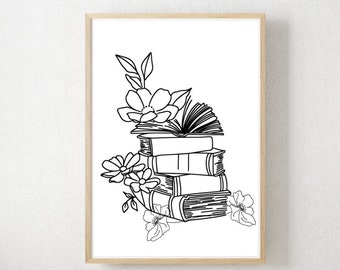 Book line Art,Book Prints,Floral Line Art Gifts for Book Lovers, Minimal Line Art, Bookish Gifts, Neutral Wall Line Art,Mothers Day Gift