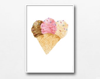 Stampa acquerello di un cono gelato: arte estiva in cucina (download digitale)