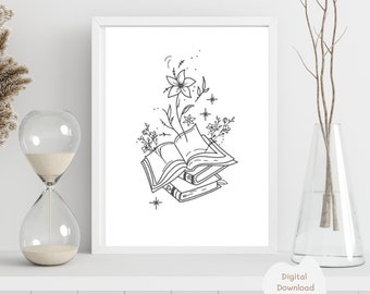 Book line Art,Book Prints, Floral Line Art, Gifts for Book Lovers, Minimal Line Art,Bookish Gifts,Mothers Day Gift