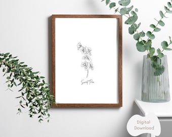Sweet Pea Line Art Print: April Birth Flower, Botanical Wall Decor (Digital Download)