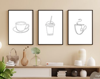 Grafika liniowa z motywem filiżanki kawy: minimalistyczna dekoracja ścienna do kuchni (pobranie cyfrowe)