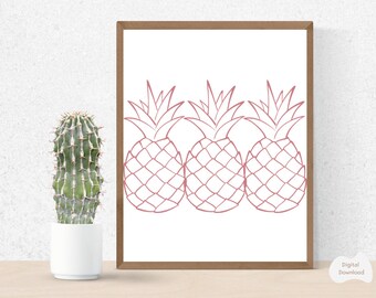 以下が含まれることがあります： 白い背景にピンクの線画で描かれたパイナップルが3つある、印刷可能なアートプリントのデジタルダウンロードです。