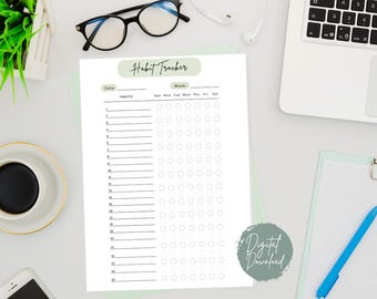 May include: A printable habit tracker with a green and white colour scheme. The tracker has a section for the date, a list of habits, and a grid for tracking daily progress. The grid is labelled with the days of the week: Sun, Mon, Tue, Wed, Thu, Fri, Sat.