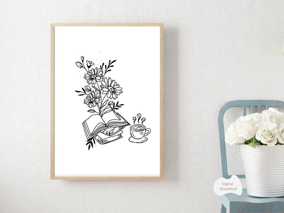 Bookish Gifts,Book Prints, Printable Floral Line Art, Gifts for Book Lovers,Minimal Line Art,Mothers Day Gift, Coffee Line Art