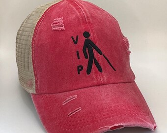VIP Distressed Ponytail Cap for blind grandparent
