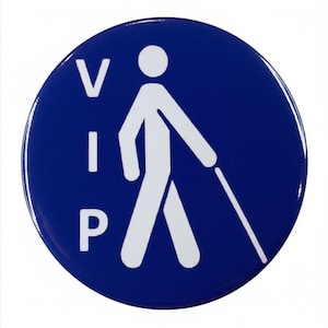 May include: A circular blue badge featuring a white graphic of a person walking with a cane. The letters V, I, and P are printed vertically in white on the left side of the badge, next to the figure. The design is centred on a solid blue background.