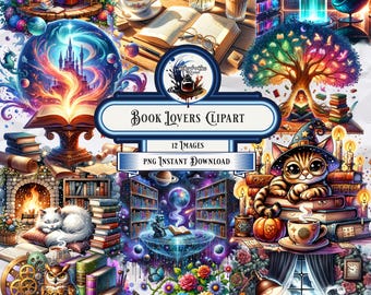 Book Lover Clipart Bundle, Fantasy, Vintage, & Cozy Reading Nooks, Digital PNG Download, Sci-Fi, Mystery, Cyberpunk, Cats, Coffee, Magical