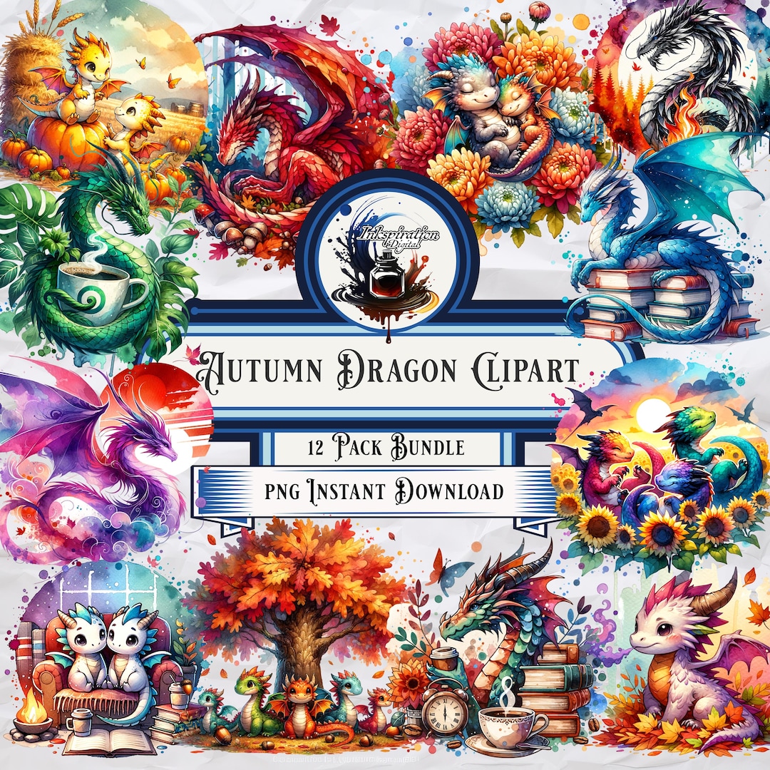 Autumn Dragon Clipart Bundle - Cute and Cozy Cartoon Watercolor Dragons ...