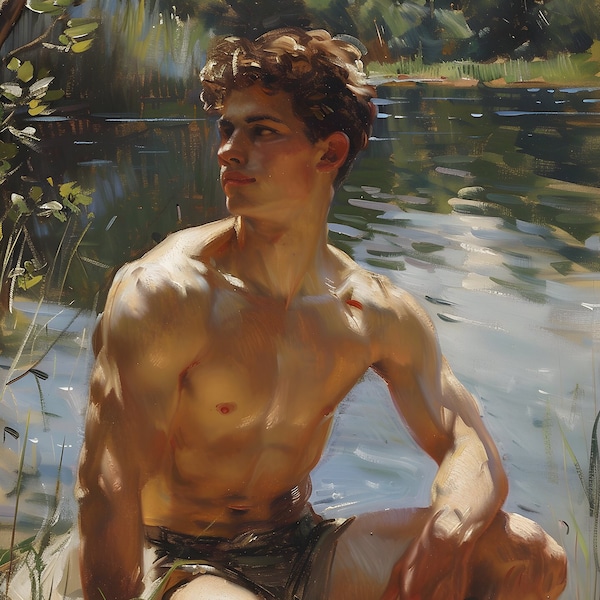 Peinture impressionniste d'un homme assis au bord d'un lac, Art gay, Peinture d'homme, Portrait d'homme