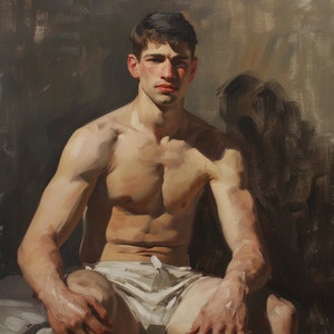 Puede incluir: Una pintura de un hombre sentado con las piernas cruzadas, vistiendo ropa interior blanca. Tiene el pelo corto y oscuro y mira directamente al espectador. El fondo es de un marrón apagado.