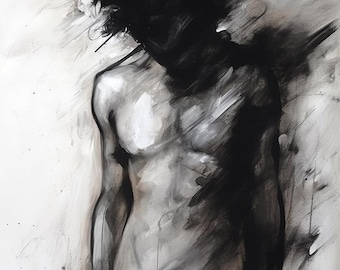 Retrato masculino al carboncillo: arte figurativo digital, obra de arte gay imprimible, decoración de pared masculina