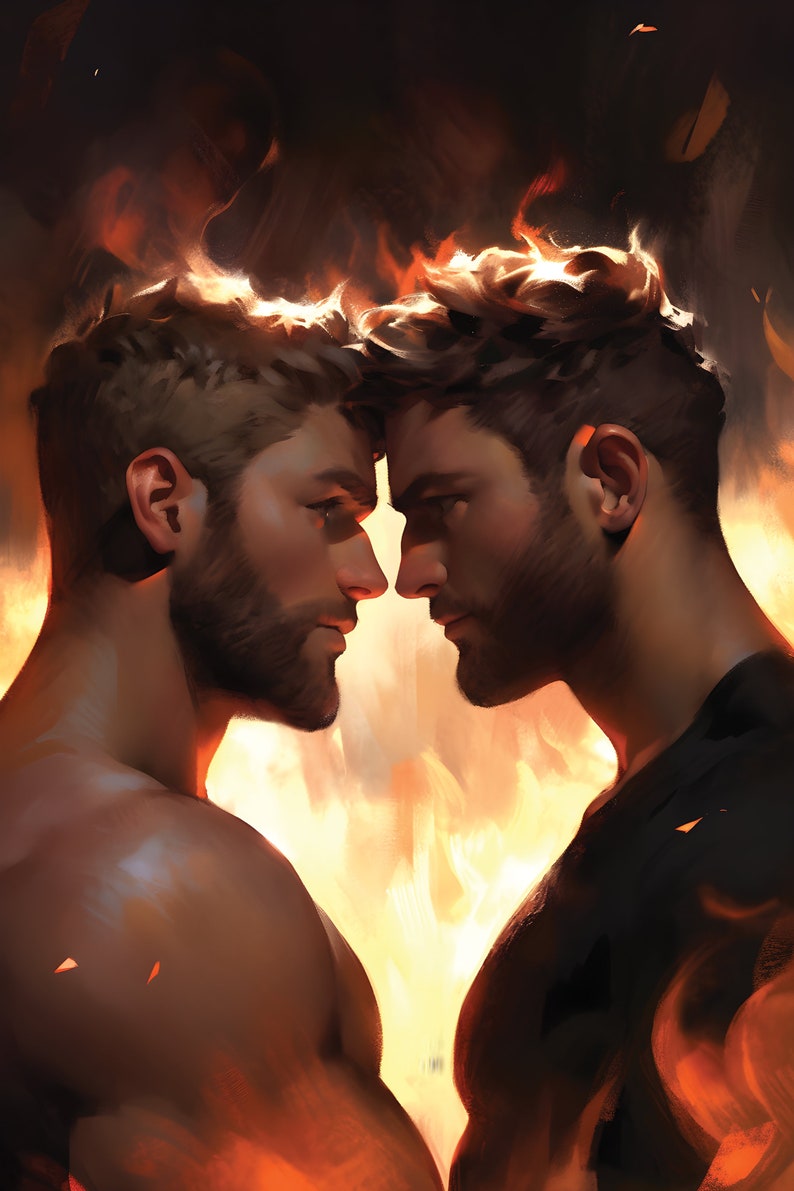 K&ouml;nnte beinhalten: Zwei M&auml;nner mit kurzen, dunklen Haaren und B&auml;rten stehen sich gegen&uuml;ber. Sie schauen beide in die Kamera. Der Hintergrund ist ein verschwommenes Bild von Flammen.