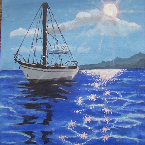 Tableau acrylique bateau voilier au soleil sur la mer