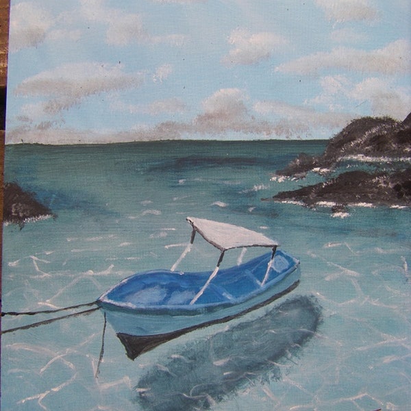 tableau acrylique bateau barque dans les îles du pacifique.