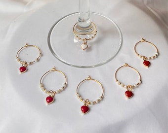 Hen Party, Hen Do Wine Charms, White, Gold, Red Heart, Set of 6