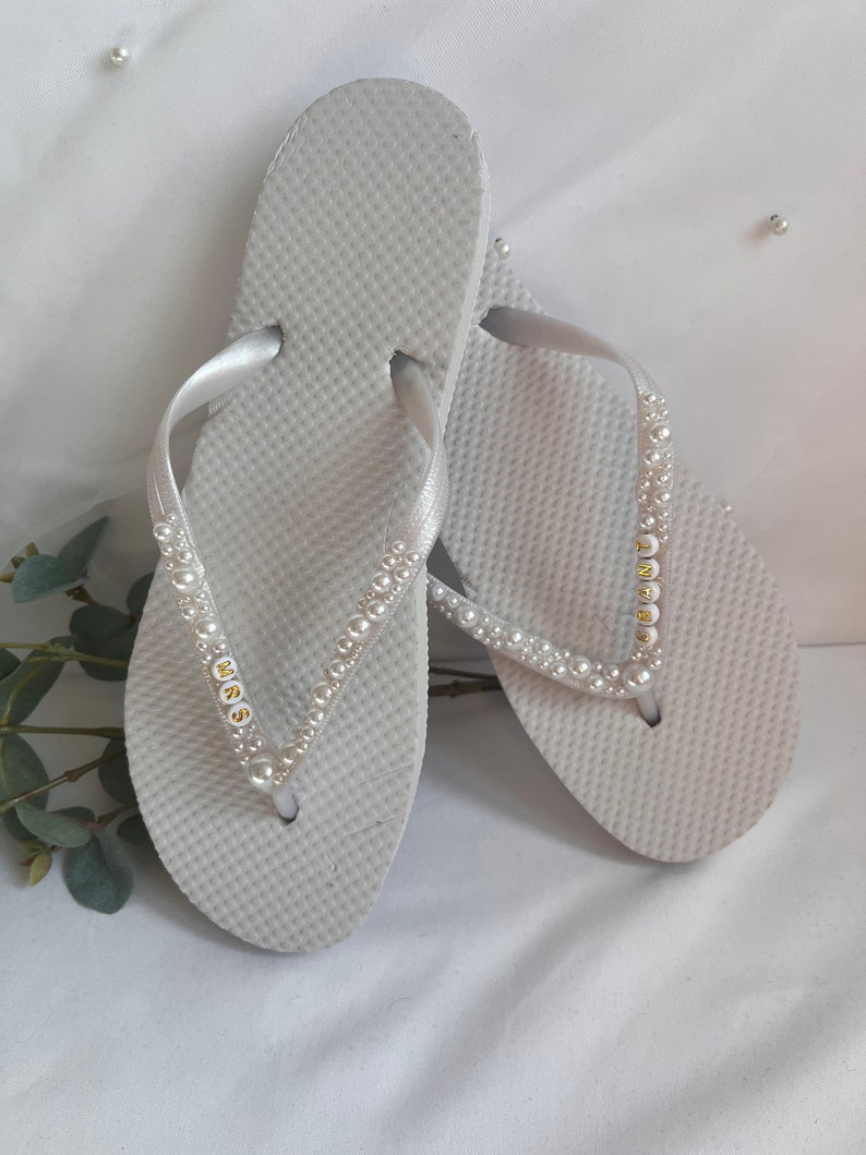 Personalised Bridal, Bride To Be, Hen Party, Honeymoon Pearl embellished Flip Flops image 6