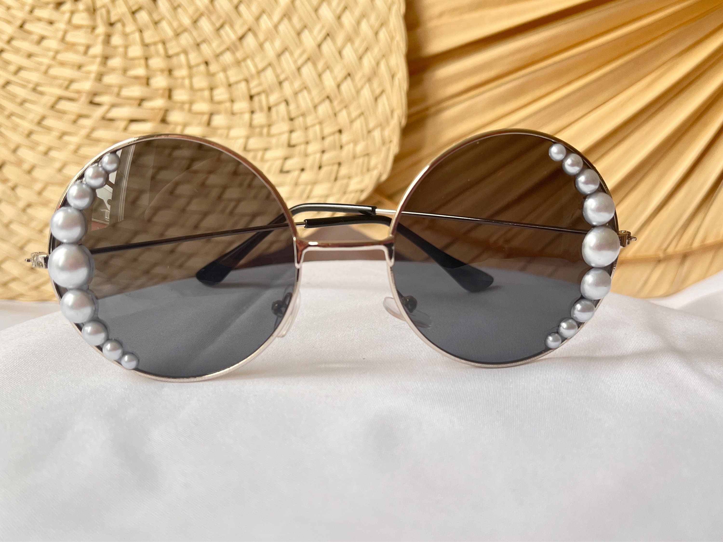Round Pearl Embellished Bridal Sunglasses. Honeymoon, Hen Party Accessory