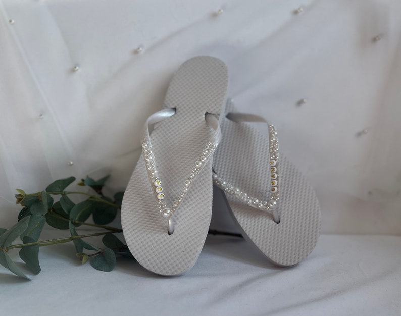 Personalised Bridal, Bride To Be, Hen Party, Honeymoon Pearl embellished Flip Flops image 5