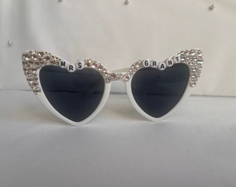 Bride White Heart Sunglasses Embellished with Rhinestones, Sparkly, Diamonte Personalised, Hen Party, Honeymoon Accessory