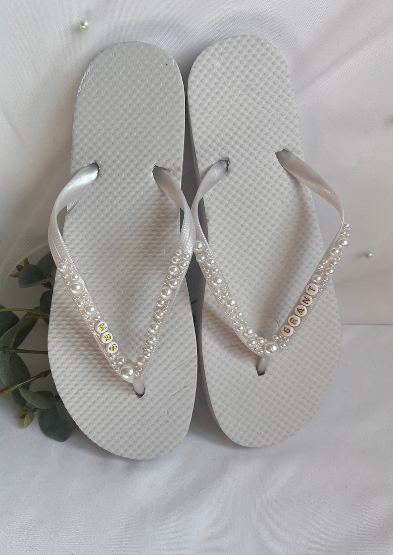 Personalised Bridal, Bride To Be, Hen Party, Honeymoon Pearl embellished Flip Flops image 1