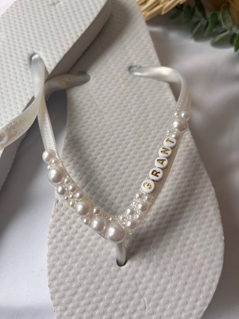 Personalised Bridal, Bride To Be, Hen Party, Honeymoon Pearl embellished Flip Flops image 2