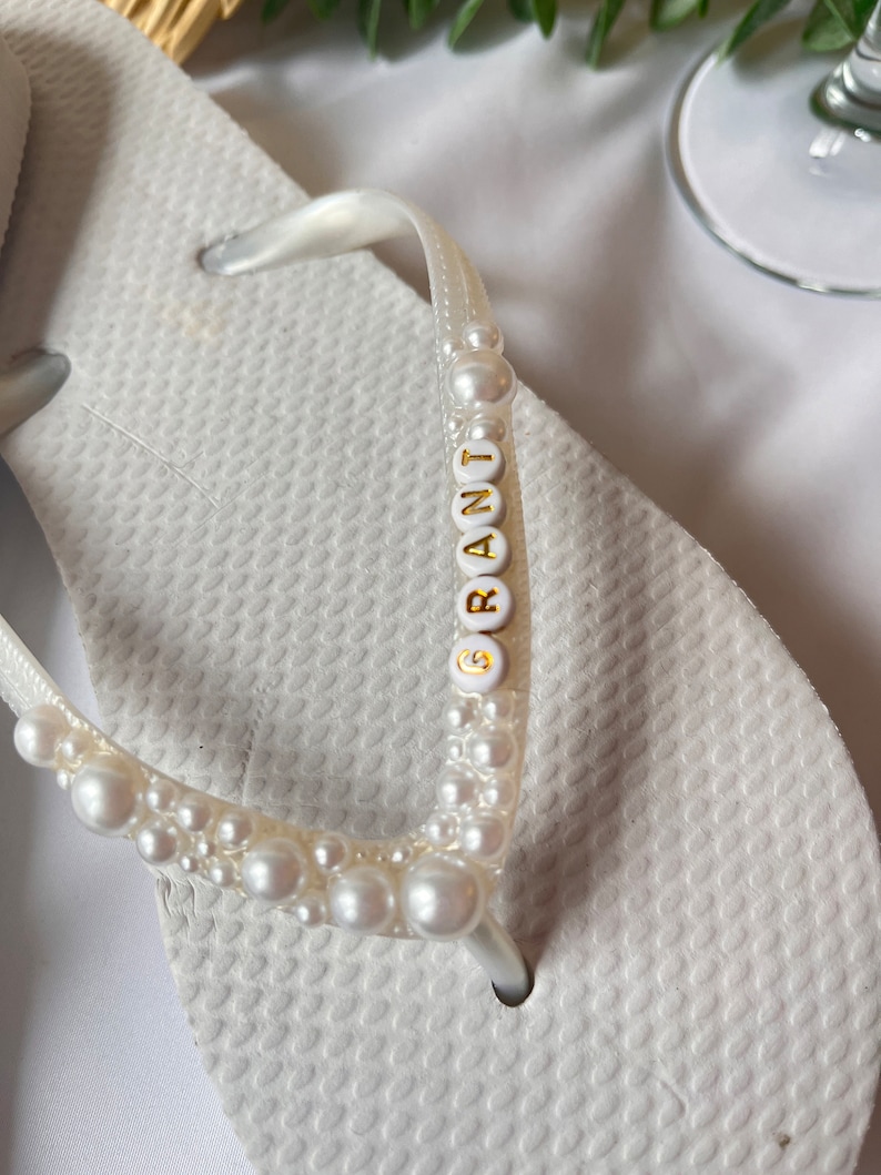 Personalised Bridal, Bride To Be, Hen Party, Honeymoon Pearl embellished Flip Flops image 3