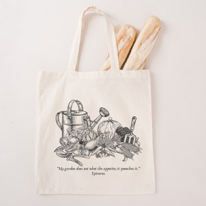 Epicurean Garden Natural Tote, Grocery Bag for Vegetables, Fruit, Produce, Epicurus Philosophical Quote