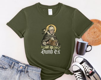 Camiseta mudo boi São Tomás de Aquino em verde militar, camiseta teóloga católica filósofa para homens, presente para o dia dos pais, professor, estudante