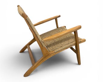 Mid Century Teak Lounge Chair with Arms, Handwoven Rattan Accent Armchair, Outdoor Porch Seating, Boho Patio Lounge Chair - Agusto Armchair