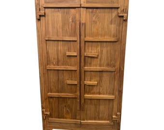 Kyoto Kleiderschrank aus recyceltem Teakholz, 200 cm hoher Massivholz-Aufbewahrungsschrank, handgefertigter Teakholz-Kleiderschrank mit 4 Regalböden, rustikaler Wäscheschrank, Wabi-Sabi