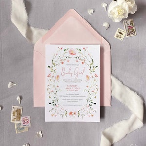 Baby Girl Shower Invitation Template |  Pink Baby Shower Invitation Template, Floral Watercolor Baby Shower Invite, Instant Download, DIY