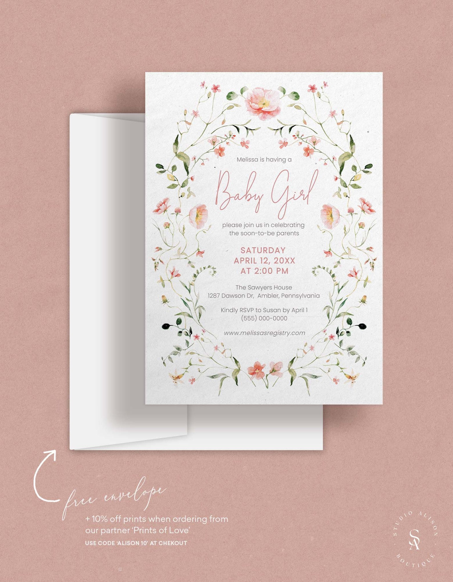 Baby Girl Shower Invitation Set Template | Pink Baby Shower Invitation ...