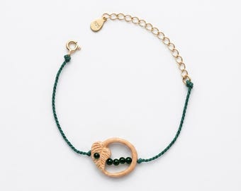 Hand Carved Wooden Leaf Bracelet | 100% Silk Green Cord | Emerald Nile Beads | Delicate Botanical Jewelry Gift for Her, Handmade