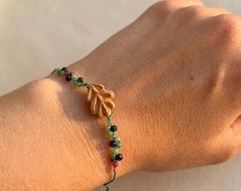 Hand Carved Alder Leaf Bracelet with Ruby Zoisite – Green Silk Cord Botanical Jewelry