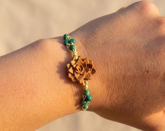 Hand Carved Wooden Leaf Bracelet | 100% Linen Green Cord | Imperial Jasper Beads | Delicate Botanical Jewelry Gift for Her, Handmade