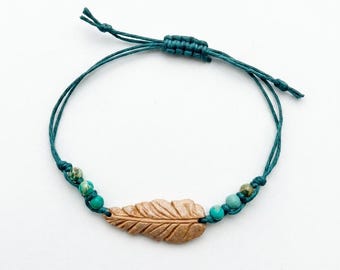 Hand Carved Wooden Leaf Bracelet | 100% Linen Green Cord | Imperial Jasper Beads | Delicate Botanical Jewelry Gift for Her, Handmade
