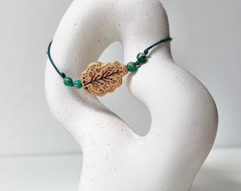 Hand Carved Wooden Leaf Bracelet | 100% Linen Green Cord | Imperial Jasper Beads | Delicate Botanical Jewelry Gift for Her, Handmade