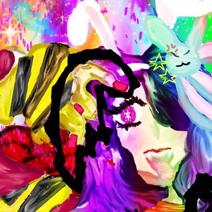 Może przedstawiać: Abstrakcyjna sztuka cyfrowa z żywą paletą barw. Grafika przedstawia twarz z okiem w kształcie gwiazdy, królika z ponurym wyrazem twarzy oraz mieszankę odcieni żółtego, fioletowego i różowego. Tło wypełnione jest błyszczącymi gwiazdami.