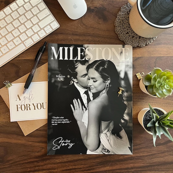 Your milestone moments packaged as a fake luxury magazine cover — a genuinely clever, high-impact keepsake format that feels editorial and personal at once.