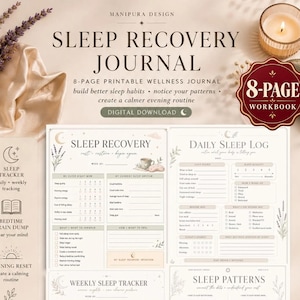 Könnte beinhalten: Ein 8-seitiges, druckbares Schlaf-Erholungs-Journal mit Abschnitten für tägliche Schlafprotokolle, wöchentliche Tracker und Schlafmuster. Die Seiten enthalten Textüberschriften wie Sleep Recovery, Daily Sleep Log und Weekly Sleep Tracker in Beige.