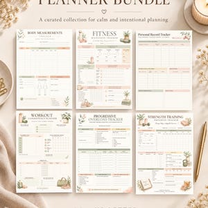 Printbare fitnessplanner met trainings- en voortgangstrackers, lichaamsmetingen, krachttraining, A4- en US Letter-formaat PDF.