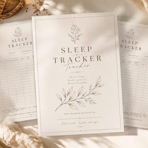 Könnte beinhalten: Ein Set aus drei cremefarbenen Schlaf-Tracker-Blättern aus Papier mit dunkelgrauem Text und botanischen Illustrationen. Das mittlere Blatt zeigt den Titel SLEEP TRACKER, den Satz Better sleep, Better recovery, Better mornings und ein Namensfeld.