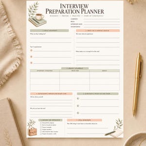 May include: An interview preparation planner document with sections for role snapshot, experience, proof examples, interview questions, and final reminders. The page features a cream background with black text, botanical illustrations, and a coffee cup icon.