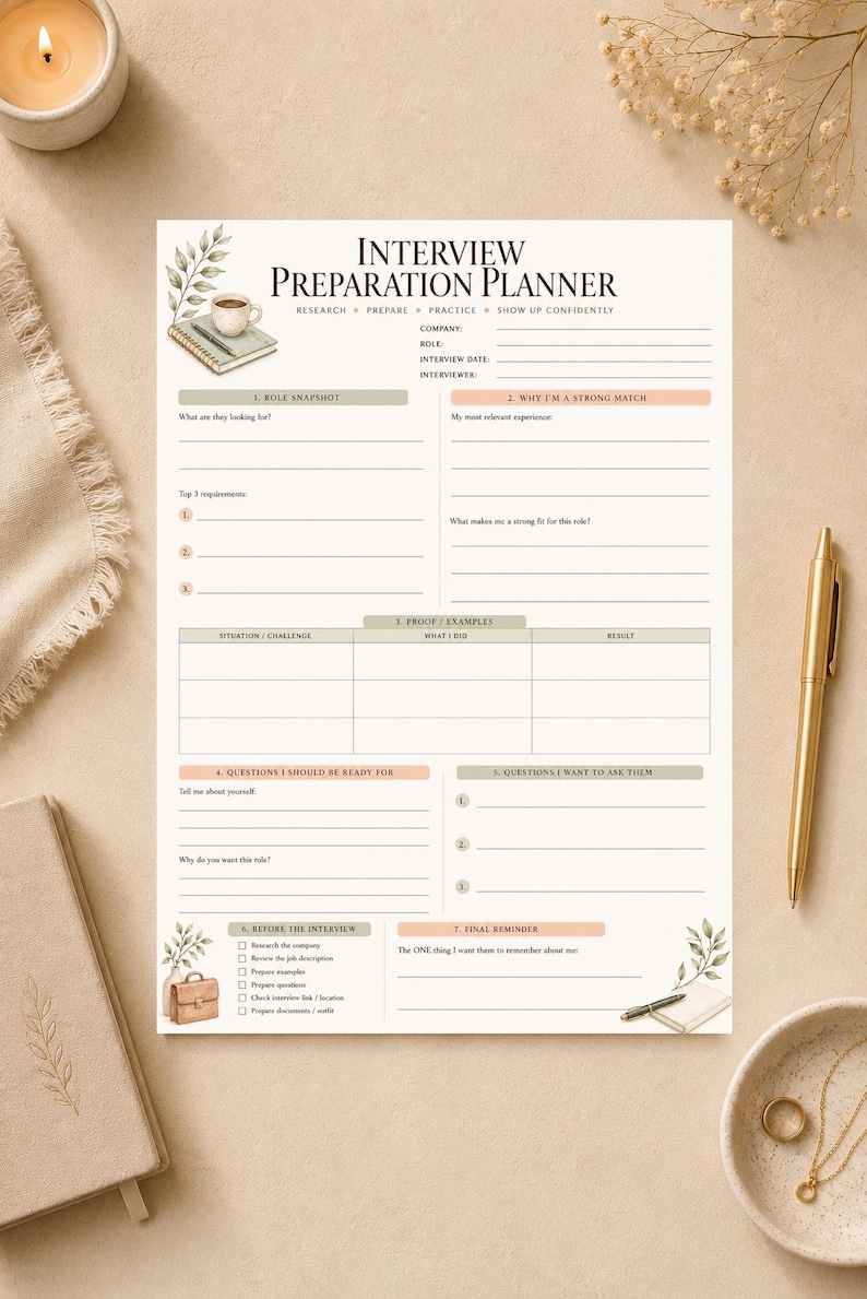 May include: An interview preparation planner document with sections for role snapshot, experience, proof examples, interview questions, and final reminders. The page features a cream background with black text, botanical illustrations, and a coffee cup icon.
