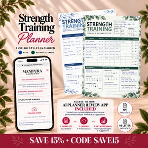 May include: A strength training planner set featuring blue and botanical green color styles, including A4 and US Letter sizes. The set includes a digital interface for an AI planner review app, a session and progress log sheet, and a promotional code.