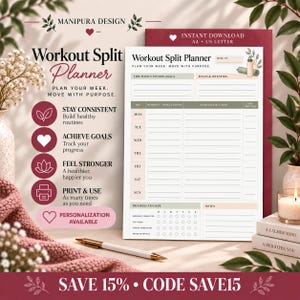 Może przedstawiać: Drukarka dokumentów Workout Split Planner z sekcjami na cele fitness, cotygodniowe ćwiczenia i śledzenie postępów. Układ zawiera nagłówki dni tygodnia, notatki oraz ilustrację butelki na wodę w delikatnej zielono-różowej palecie kolorystycznej.
