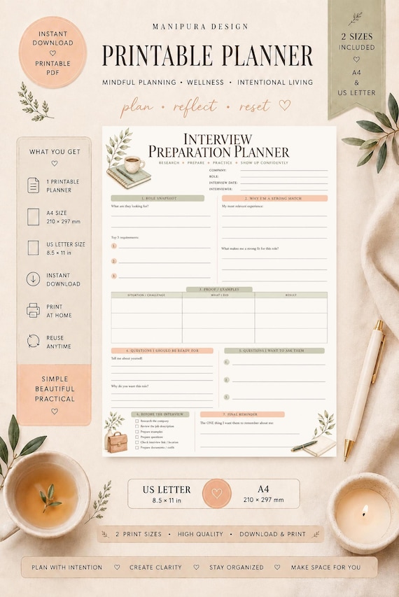 Interview Preparation Planner | Job Interview Questions & Examples Worksheet (Digital Download)