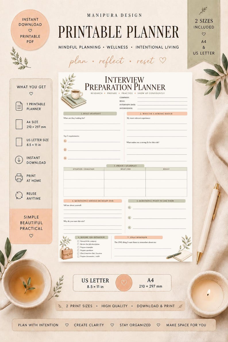 May include: A printable interview preparation planner document featuring sections for role snapshots, experience, and interview questions. The page includes text headers, lines for writing, and small illustrations of a coffee cup and briefcase.