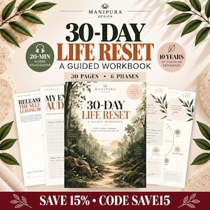 May include: A 30-day life reset guided workbook featuring a forest landscape cover with the text 30-Day Life Reset A Guided Workbook. The set includes multiple pages with prompts, a 20-minute guided visualization badge, and a 10 years of experience badge.